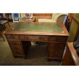 TEAK FRAMED TWIN PEDESTAL DESK WITH GREEN LEATHER INSERT