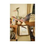 MIXED LOT OF PICTURES, PRINTS, TOGETHER WITH TWO BIRD ORNAMENTS