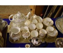 19TH CENTURY PART TEA SET WITH GILDED BORDER COMPRISING CUPS, SAUCERS, SUGAR BOWL, CREAM JUG AND