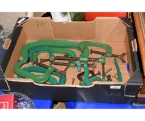 BOX CONTAINING GREEN PAINTED RECORD G-CLAMPS OF VARYING SIZES