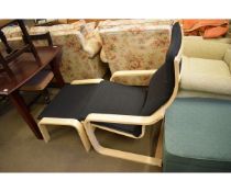 MODERN BEECHWOOD BLACK UPHOLSTERED ARMCHAIR AND MATCHING FOOT STOOL