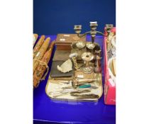 TRAY CONTAINING MIXED SILVER PLATED WARES, FLAT WARES, NUT CRACKERS, VASES, STORAGE BOX ETC