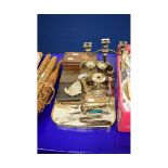 TRAY CONTAINING MIXED SILVER PLATED WARES, FLAT WARES, NUT CRACKERS, VASES, STORAGE BOX ETC