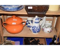 LE CREUSET PORCELAIN TWO-HANDLED POT, WILLOW PATTERN COFFEE POT, JUGS ETC