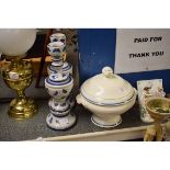 PAIR OF BLUE PORCELAIN BUTTERFLY DECORATED CANDLESTICKS TOGETHER WITH A FURTHER BLUE AND WHITE