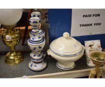 PAIR OF BLUE PORCELAIN BUTTERFLY DECORATED CANDLESTICKS TOGETHER WITH A FURTHER BLUE AND WHITE