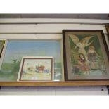 SMALL WATERCOLOUR OF BOATS BY BERNARD COULTER, A VERNON WARD PRINT AND A FURTHER PRINT OF THE MONA