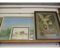 SMALL WATERCOLOUR OF BOATS BY BERNARD COULTER, A VERNON WARD PRINT AND A FURTHER PRINT OF THE MONA