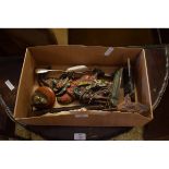 BOX CONTAINING MIXED SCALES, A PUNCH DOOR STOP AND A BRONZED MODEL OF A DOG’S HEAD