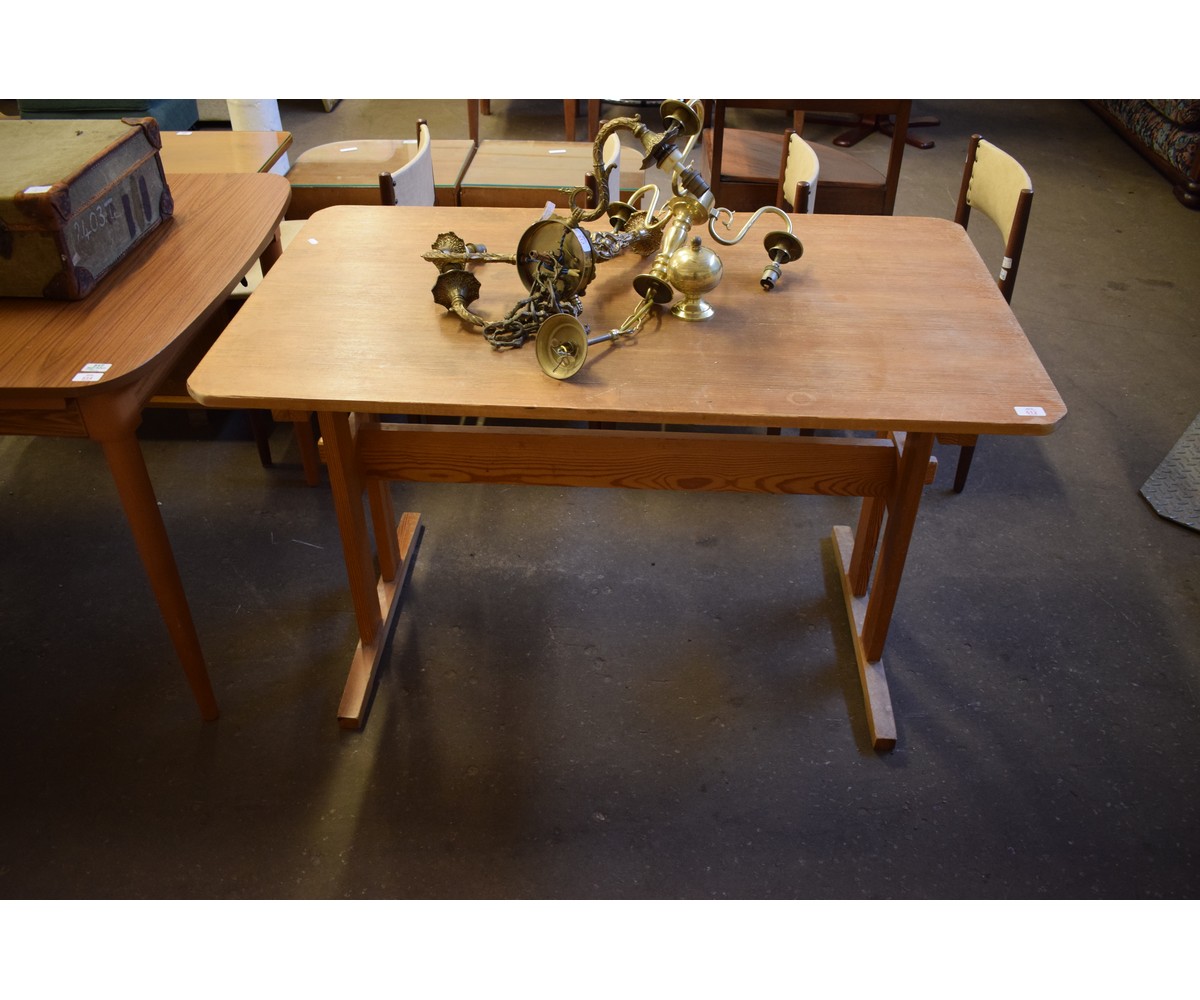 PINE FRAMED RECTANGULAR KITCHEN TABLE WITH SHAPED PLANKED ENDS