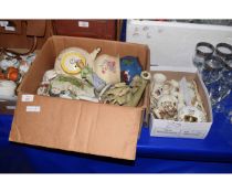 BOX CONTAINING MIXED CONTINENTAL FIGURES, A BUTTER DISH, BOX CONTAINING CRESTED CHINA WARES (2)