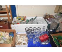 MIXED LOT OF GLASS JUGS, DECANTERS, SILVER RIMMED WINE GLASSES ETC AND BOX CONTAINING MIXED CANDLES,