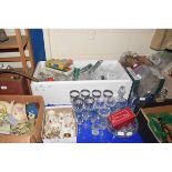 MIXED LOT OF GLASS JUGS, DECANTERS, SILVER RIMMED WINE GLASSES ETC AND BOX CONTAINING MIXED CANDLES,