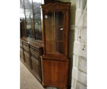 YEW WOOD FLOOR STANDING CORNER CUPBOARD WITH SINGLE GLAZED DOOR OVER PANELLED CUPBOARD DOOR