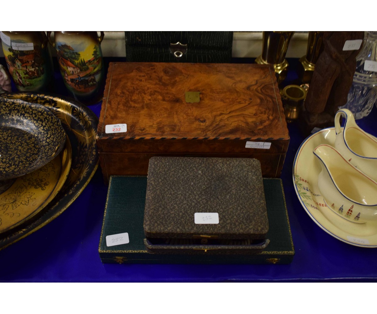 FAUX CROCODILE SKIN BLOTTER, 19TH CENTURY WALNUT WRITING SLOPE, PAIR OF BOXED SILVER BRUSHES AND A