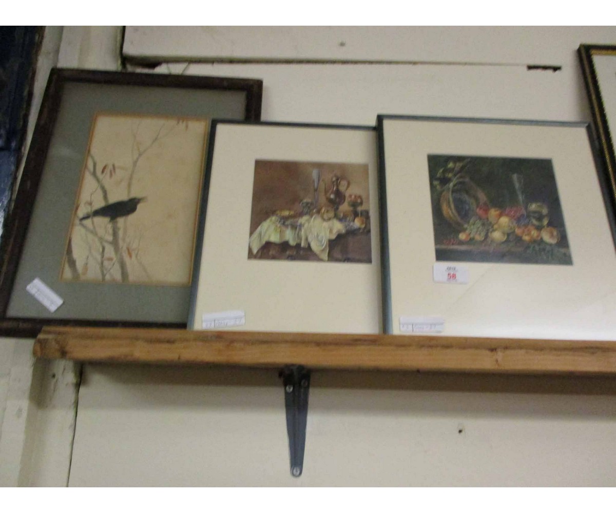 ORIENTAL PRINT OF A CROW TOGETHER WITH TWO FURTHER STILL LIFE WATERCOLOURS (3)