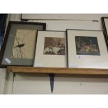 ORIENTAL PRINT OF A CROW TOGETHER WITH TWO FURTHER STILL LIFE WATERCOLOURS (3)
