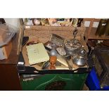 BOX CONTAINING MINIATURE TILLEY LAMP, TELEPHONE, MIXED TREEN ITEMS, SILVER PLATED CRUET STAND ETC