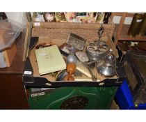 BOX CONTAINING MINIATURE TILLEY LAMP, TELEPHONE, MIXED TREEN ITEMS, SILVER PLATED CRUET STAND ETC