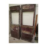 TWO VINTAGE RAILWAY CARRIAGE DOORS BEARING PAINT BUT LACKING GLASS