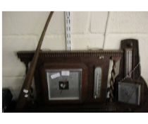 OAK FRAMED WALL MOUNTED BAROMETER WITH BARLEY TWIST COLUMNS TOGETHER WITH A COPPER POST HORN AND A