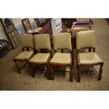 GREY REXINE SET OF FOUR DINING CHAIRS WITH OAK FRAMES AND DROP IN SEATS