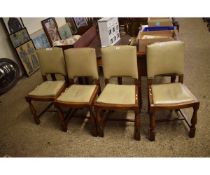 GREY REXINE SET OF FOUR DINING CHAIRS WITH OAK FRAMES AND DROP IN SEATS