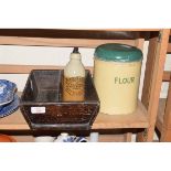 PINE CUTLERY TRAY AND A FURTHER TIN FLOUR STORAGE JAR