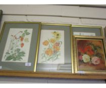 GROUP CONTAINING AN OIL ON BOARD OF FLOWERS, WATERCOLOUR OF FLORAL STUDIES (5)