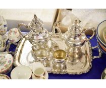 SILVER PLATED ONEIDA FOUR PIECE TEA SET TOGETHER WITH A FURTHER TWO-HANDLED TRAY