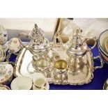 SILVER PLATED ONEIDA FOUR PIECE TEA SET TOGETHER WITH A FURTHER TWO-HANDLED TRAY