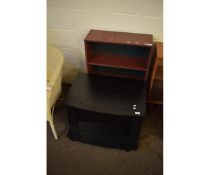BLACK MELAMINE TV CUPBOARD AND A FURTHER MAHOGANY EFFECT MELAMINE BOOKCASE WITH OPEN FRONT