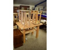 PINE PLANK TOP TWO-TIER TABLE WITH A SET OF FOUR PINE STOOLS (5)