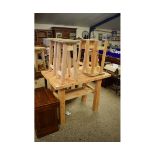 PINE PLANK TOP TWO-TIER TABLE WITH A SET OF FOUR PINE STOOLS (5)