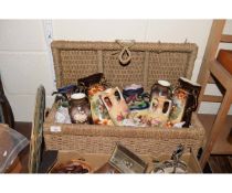 BASKET CONTAINING MIXED VICTORIAN TWO-HANDLED VASES