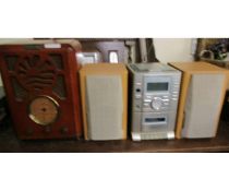 SANYO MINI SYSTEM AND SPEAKERS TOGETHER WITH A FURTHER BUSH VINTAGE STYLE RADIO (2)