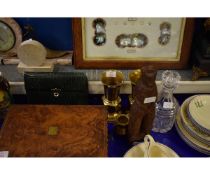 PAIR OF HEAVY BRASS VASES, A CARVED WWII FIGURE AND A GLASS DECANTER