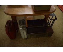 TWO 20LTR METAL PETROL CANS AND TWO AMMUNITION TINS AND A FURTHER CRATE FRAME (5)