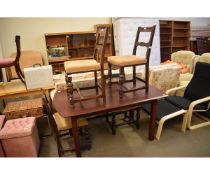 STAG TYPE DINING TABLE ON FOUR SQUARE LEGS AND A SET OF FOUR OLD CHARM TYPE BAR BACK DINING CHAIRS