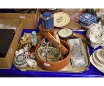 TRAY CONTAINING MIXED CHINA WARES, BAROMETER, CASED SET OF TEA SPOONS, SUGAR TONGS, TURNED TREEN