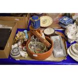 TRAY CONTAINING MIXED CHINA WARES, BAROMETER, CASED SET OF TEA SPOONS, SUGAR TONGS, TURNED TREEN