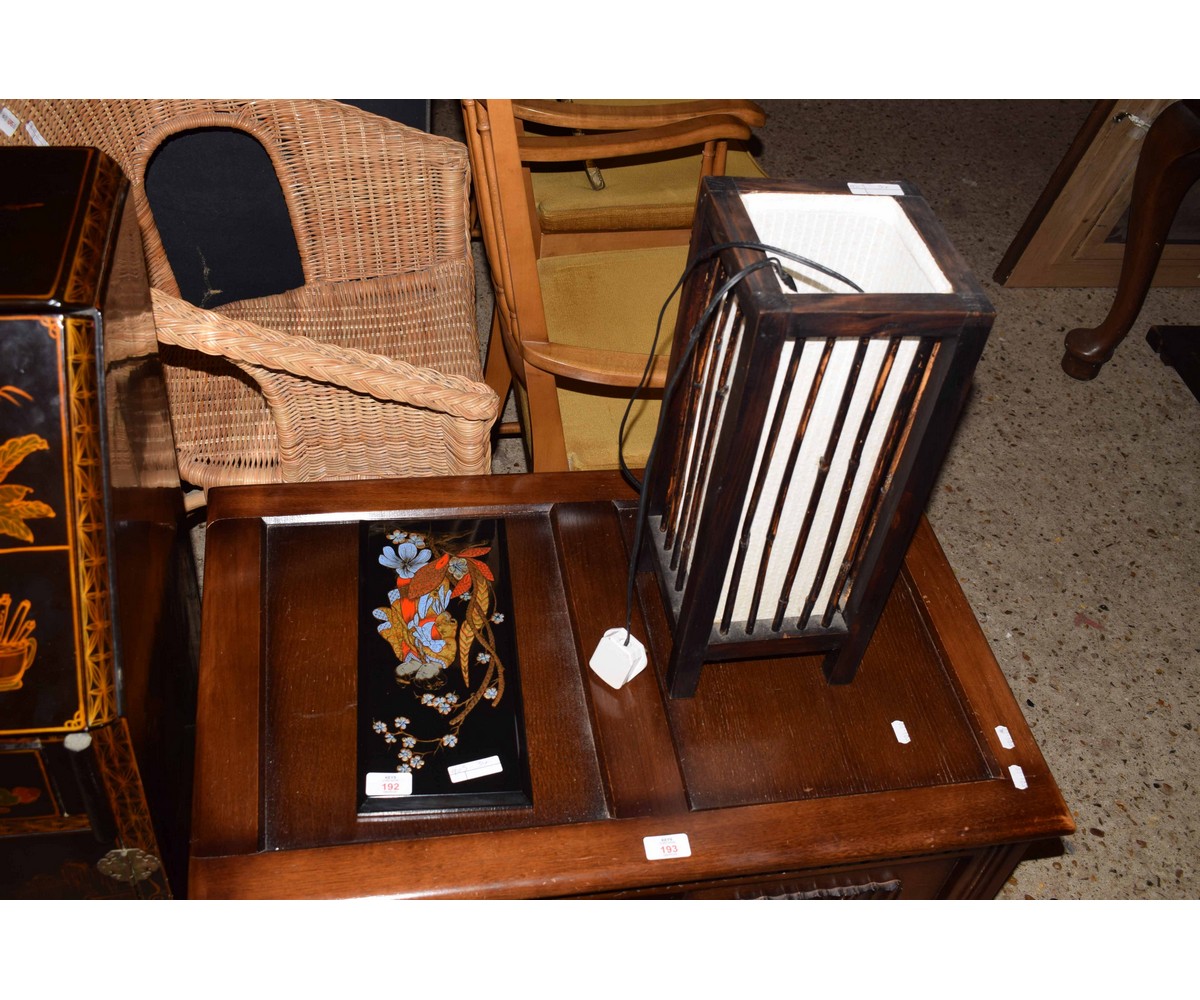 LACQUERED PANEL OF TWO ORIENTAL LADIES TOGETHER WITH A FURTHER BOXWOOD AND BAMBOO LIGHT (2)