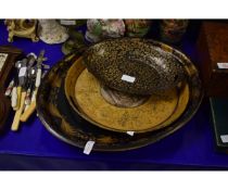 TWO PAPER MACHE TRAYS, A FURTHER TOLEWARE TRAY, AN INDIAN ETCHED TRAY AND FURTHER PEWTER DISH