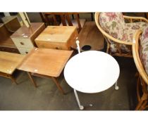 RETRO TEAK TOP TABLE, A FURTHER PINE THREE DRAWER CHEST, A FURTHER 70S COFFEE TABLE AND A METAL