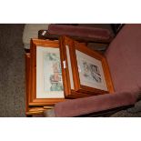 GROUP OF MIXED PINE FRAMED PRINTS, PICTURES, WATERCOLOURS ETC