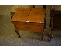 MAHOGANY EFFECT SEWING BOX WITH TWO LIFT UP SECTIONAL TOP AND PULL OUT TRAY RAISED ON PAD FEET