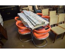 GOOD QUALITY RETRO GLASS TOP AND CHROMIUM BASED TABLE AND A SET OF SIX ORANGE REXINE AND CHROMIUM
