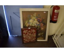 BEADWORK POLE SCREEN, A MIRROR AND A WHITE FRAMED FLORAL PRINT