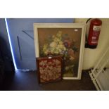 BEADWORK POLE SCREEN, A MIRROR AND A WHITE FRAMED FLORAL PRINT