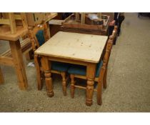 PINE SQUARE TOP KITCHEN TABLE ON TURNED LEGS WITH TWO ASSOCIATED KITCHEN CHAIRS WITH GREEN